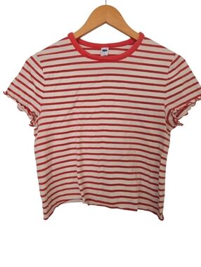 Old Navy Red White Striped Tee Medium Ruffle Sleeve Casual Top